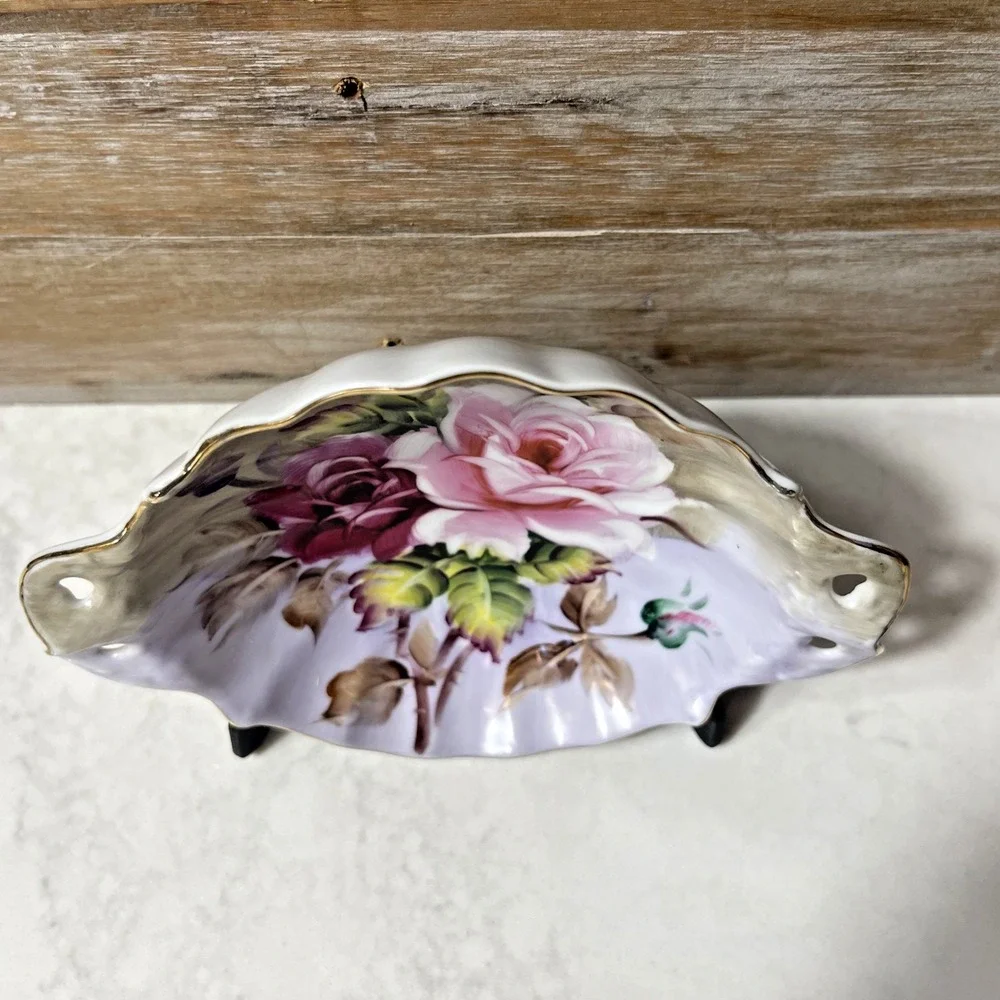 Vintage Lefton Hand Painted China Roses Purple Gold Trim Bowl w Handles